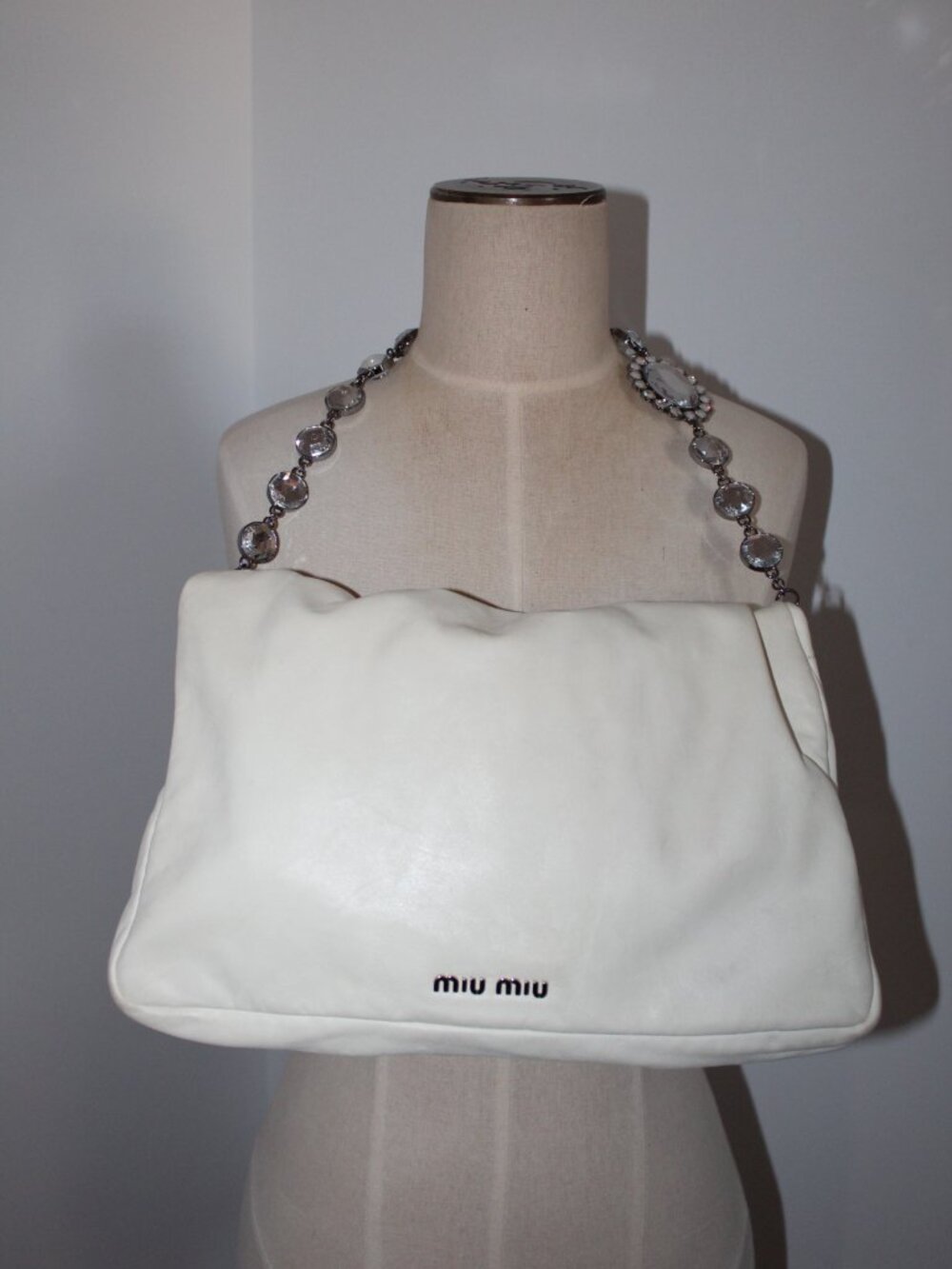 MIU MIU Crystal Embellished Chain Strap Leather Fold Over Shoulder Bag Turn Lock